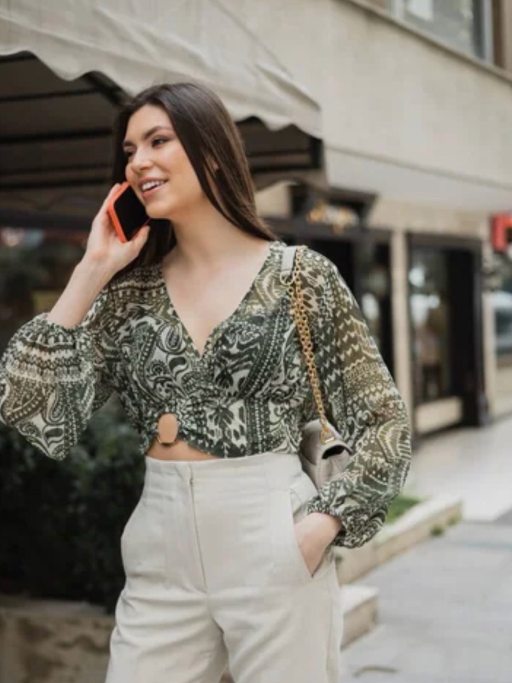 Zara Paisley Printed Ring Detail Crop Top Plunge Size XS